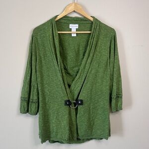 Soft Surroundings Avocado Green Linen Blend Cardigan with Buckle Size Large